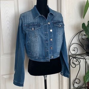 Bebe rhinestone denim jean jacket lauper wash